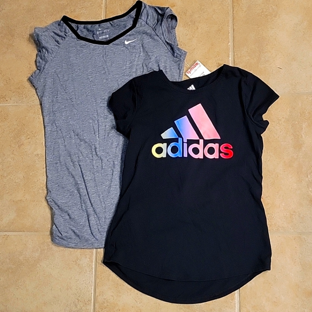 Set of 2 girls large dri-fit shirts, Nike & Adidas